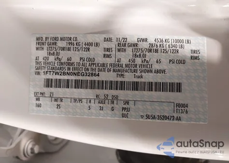 2022 Ford F-250 Xlt из США, поврежденный, VIN 1FT7W2BN0NEG32864